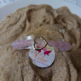 quartz rose, bracelet perles 6mm, coeur