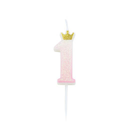 Candelina 9.5 cm Glitter sfumata Rosa con Corona Oro N.1