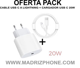 OFERTA PACK CABLE USB C A LIGHTNING + CARGADOR CARGA RAPIDA 20W para Apple iPhone 15 Pro Max