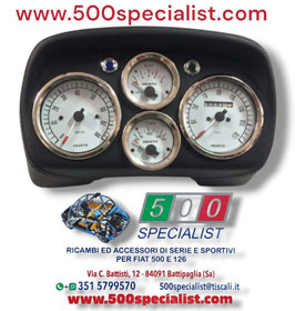 CRUSCOTTO SPORTIVO PELLE NERA PLANCIA 4 STRUMENTI SCRITTA  ABARTH  FONDO BIANCO 500 F - L - R
