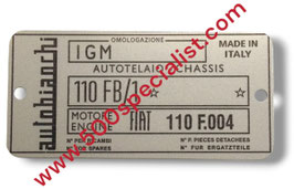 TARGHETTA DATI AUTOBIANCHI VERSIONE  110 FB/1