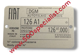 TARGHETTA DATI FIAT 126 PERSONAL4 CON NUMERO COLORE VERNICE