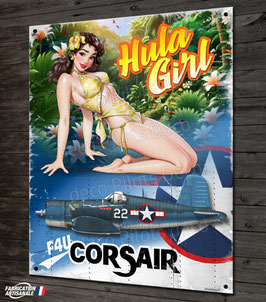 Plaque métal déco aviation F4U Corsair avec pin-up "Hula Girl " warbird ww2.