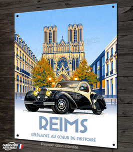 Plaque métal déco " Ville et voiture " Cathédrale de Reims et Bugatti 57 Atalante.