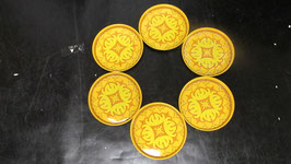 Vintage 6 delig onderzetterssetje geel/oranje/lichtbruine tinten, jaren 80
