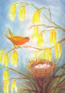Postkarte: Vogel am Nest