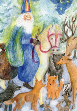 Postkarte: Nikolaus bei den Tieren