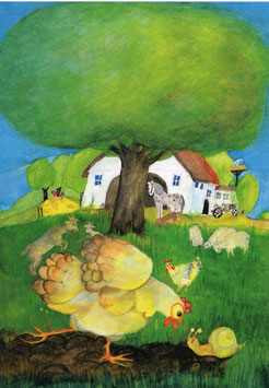 Postkarte: Bauernhof - Huhn und Schnecke