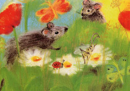 Postkarte: Mäuse mit Blumen