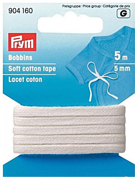 Prym 904160, Bobbins, Baumwollband in weiß, kochfest, 4 mm breit, 5 m