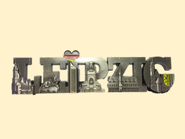 Magnet/ Relief/ Metall/ Schriftzug Leipzig mit 5 Sehenswürdigkeiten