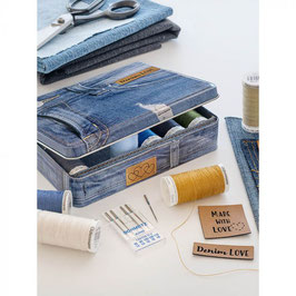 Gütermann denimgarenbox met jeans naaimachinenaalden, 12 klosjes en kunstleer labels