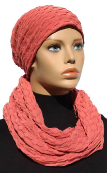 Beanie Mütze -  Loop Schal Set Kombiset Welle lachs