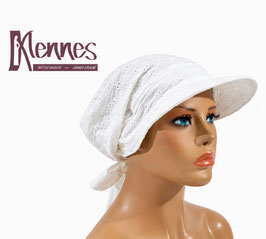 Damen Bandana Mütze Musselin Baumwolle wollweiß mit Lochstickerei Britta