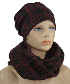 Beanie Loopschal Set schwarz rot Lia