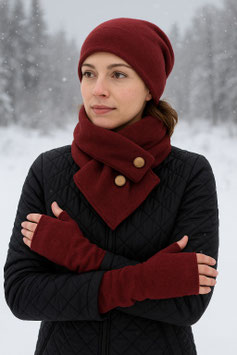 Baskenmütze Schal Stulpen Set Fleece weinrot Ally