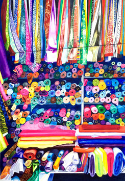 'Roll With It' - Colourful Fabric Stall Art Print