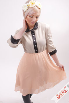 Kleid Damen Chiffon Apricot Sweat Beige Bubikragen Schwarz Dreiviertelärmel