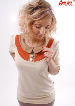 Shirt Damen Jersey Uni Creme Rostorange Bubikragen Beige Dreiviertelärmel