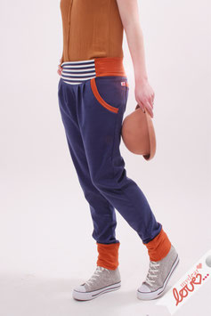 Hose Lang Damen Sweat Uni Marine Orange Streifen Blau Weiß