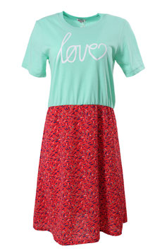 Kleid Damen Mint Druck "LOVE" weiß, Muster Fische Rot, Kurzarm, Rundhalsausschnitt