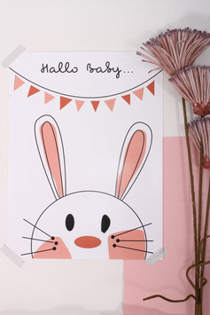 Poster "Hallo Baby" Hase, Rosa, 30x40 cm