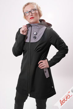 Mantel Damen Softshell Schwarz Karo Schwarz Weiß Kapuze