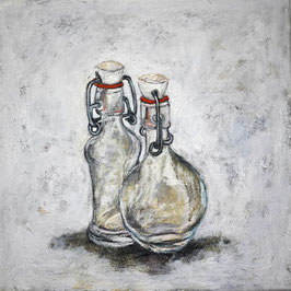 Gebügelte Bottles, Acryl auf Leinwand, 2025, 40x40x2cm by Christa Riemann