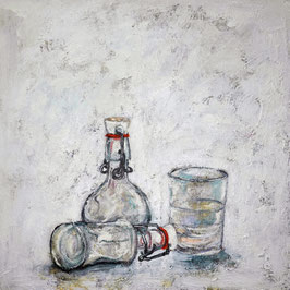 Halbvolle Bottles, Acryl auf Leinwand, 2025, 40x40x2cm by Christa Riemann