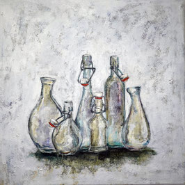 Gebügelte, ungebügelte und bügelfreie Bottles, Acryl auf Leinwand, 2025, 60x60x2cm by Christa Riemann
