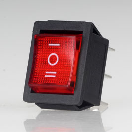 Einbau-Wippschalter rot beleuchtet 2-polig EIN/AUS/EIN 30x22mm 250V/16A mit PVC-Staubkappe