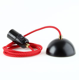 Textilkabel Leuchtenpendel rot-schwarz, E27 Bakelitfassung mit Wipp-Schalter und Messing Zugentlaster, Baldachin schwarz
