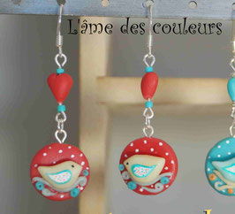 Boucles d'oreilles oiseaux et cœurs en porcelaine froide rouges