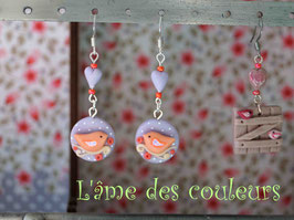 Boucles d'oreilles oiseaux en porcelaine froide couleur parme