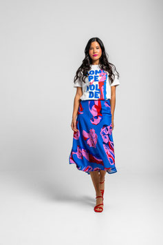 FALDA MIDI EVASE AZUL DE ESCULTURAS CLASICAS ROSAS Y ROJAS  "ROMPE EL MOLDE"     REF. SS260807