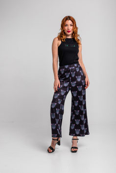 PANTALON FLARE ELASTICO NEGRO CON PANTERAS "NOCTURNA"     REF. SS260209
