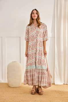 VESTIDO LARGO VISCOSA CON CUELLO MAO Y MANGA 3/4        REF. GF.RUDAS