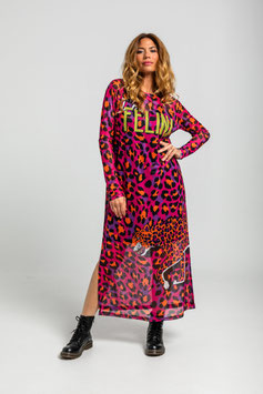 VESTIDO CAMISETA LARGO TUL DE ESTAMPADO ANIMAL FUCSIA "I'M FELINA"     REF. AW251606