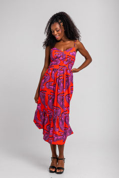 VESTIDO MIDI BUSTIER NARANJA Y PANTERAS ROSAS  "PINK PANTHER"      REF. SS260317