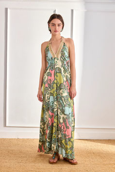 VESTIDO LARGO VISCOSA ESTAMPADO PAISLEY CON CUELLO HALTER ESCOTE BORDADO GREEN      REF.  GF.ORGONITA
