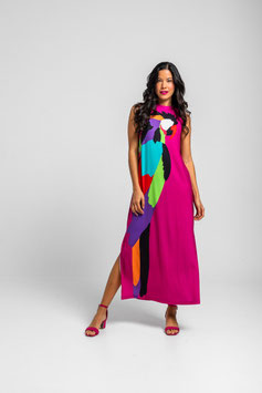 VESTIDO LARGO RECTO SIN MANGAS CON ABERTURAS LATERALES ROSA CON LORO MULTICOLOR  "AL LORO"       REF. SS260918