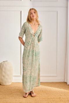 VESTIDO LARGO VISCOSA ESTAMPADO MANGA 3/4 Y ARGOLLA EN ESCOTE ACQUA      REF.  GF.RYOKAN