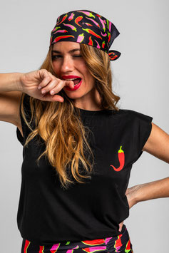 CAMISETA SIN MANGAS HOMBRERAS NEGRO CON CHILIS "PICANTE"      REF. SS260805