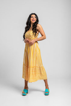VESTIDO MIDI BUSTIER DE RAYAS BLANCAS Y AMARILLAS "OH SOLE MIO"       REF. SS261307