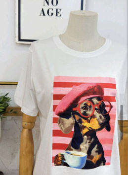 CAMISETA BLANCA  DE PERRO CON GAFAS ROJAS       REF.  2626-56