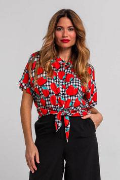 CAMISETA CUELLO MAO ANUDADA DE TOMATES Y VICHY BLANCO Y NEGRO POMODORI  "POMODORI"      REF. SS262905