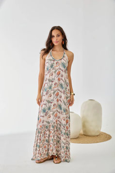 VESTIDO LARGO RAYON ESTAMPADO CON CUELLO HALTER BEIGE    REF.  GF.KUMIKO