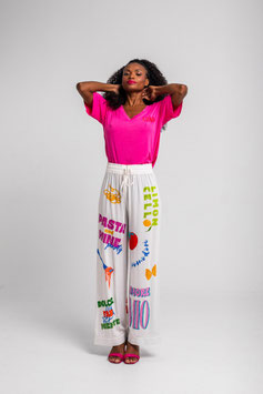 PANTALON FLUIDO JOGGING BLANCO CON TEXTOS "DOLCE FAR NIENTE"   REF. SS261414