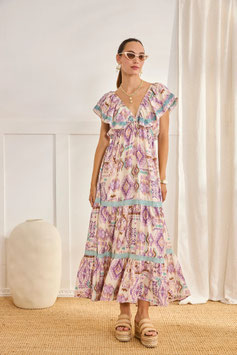 VESTIDO LARGO VISCOSA ESTAMPADO MIDI BLONDA EN CINTURA        REF. NI.ALISIRI