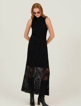VESTIDO LARGO DE ENCAJE CON TRANSPARENCIAS EN LA FALDA    REF. M02V22BLK